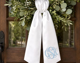 Personalized Embroidered Wreath Sash, Custom Monogram Door Bow, Wedding Wreath for Front Door, Housewarming Gift, Southern Home Decor