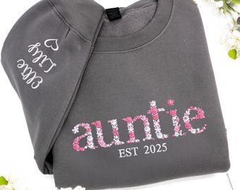 Sudadera con bordado floral para tía - Sudadera personalizada con letras florales - Sudadera para tía - Regalo para tía