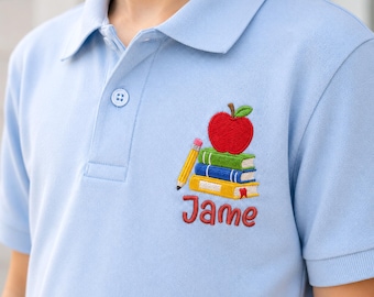Personalized Back To School Polo Boys, Embroidered School Name Shirt, Custom Apple Polo, First Day Of School Shirt