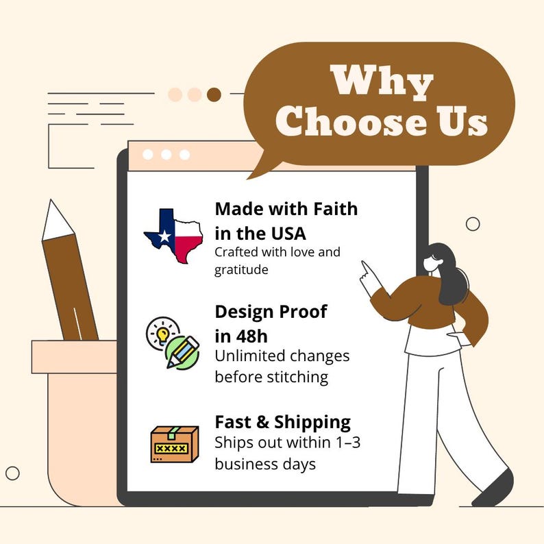 May include: An illustration with the text "Why Choose Us" in a brown speech bubble. The image highlights "Made with Faith in the USA", "Design Proof in 48h", and "Fast & Shipping". A pencil and a person are also depicted.
