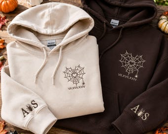 Embroidered Spider Web Heart Couple Hoodie - Personalized Matching Couple Hoodies With Initial - Halloween Gift, 1st Anniversary Gift