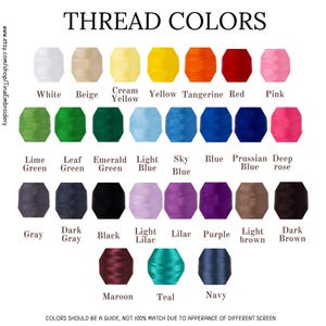May include: A color chart displaying thread colors, including white, beige, yellow, orange, red, and pink. Additional colors are lime green, leaf green, emerald green, light blue, sky blue, and navy. The text reads "THREAD COLORS".