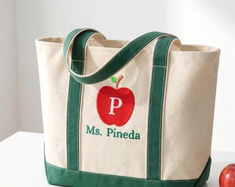 Embroidered Apple Teacher Bag - Personalized Teacher Tote Bag With Name - Back to School - Kindergarten Teacher Gifts