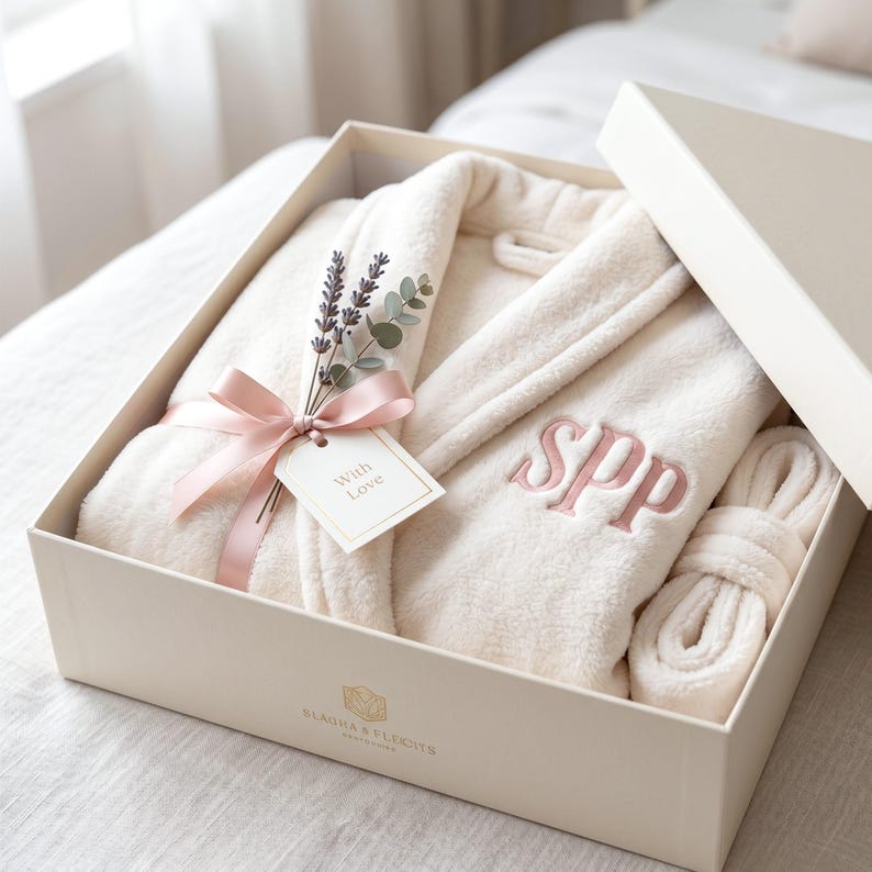 A marshmallow-toned plush robe is neatly folded inside a luxury cream gift box, decorated with a pink ribbon and a "With Love" tag. The focal point is the thick "SPP" block monogram thêu (embroidered) in flesh pink thread, emphasizing its appeal as a high-end personalized gift.