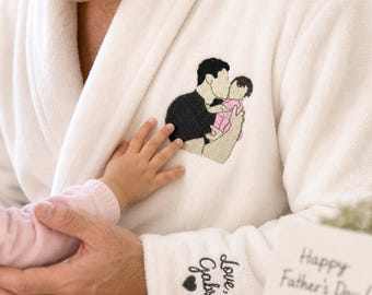 Father's Day Gift For Husband, Embroidered Bath Robe Mens With Dad Portrait, Family Portrait Waffle Robe For Dad, Dad Birthday Gift