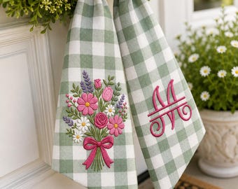 Embroidered Floral Coquette Wreath Sash - Personalized Monogram Door Bow - Spring Front Door Decor - Housewarming Gift