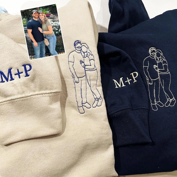 Sudadera con capucha bordada personalizada con retrato de pareja a partir de una foto - Sudaderas a juego para parejas - Regalos de aniversario para novios - Regalo para esposos