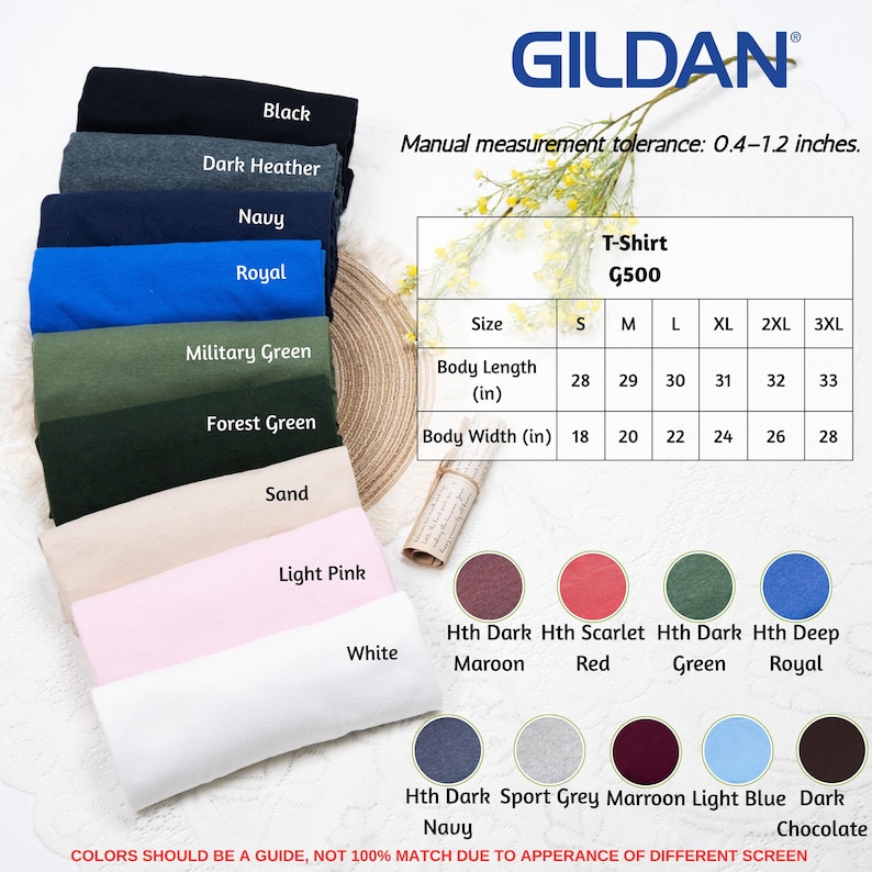 Puede incluir: Una selecci&oacute;n de camisetas Gildan G500 en varios colores, incluyendo negro, azul marino y rosa claro. La imagen muestra una tabla de tallas con medidas de largo y ancho del cuerpo en pulgadas, de la S a la 3XL.