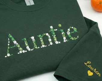 Custom Embroidered Aunt Tshirt With Floral, Personalized Nieces Nephews Names, Auntie Pregnancy Announcement T Shirts, Going To Be An Aunt