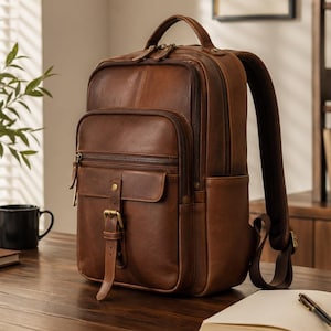 Full Grain Leather Laptop Backpack, Personalized Travel Rucksack, Large Weekender Bag Men