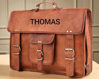 Vintage Brown Leather Messenger Bag, Personalized Laptop Crossbody Briefcase Men Gift