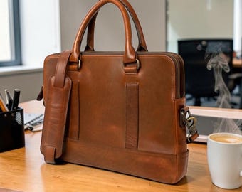 Personalized Top Grain Leather 15” Laptop Bag – Vintage Travel Briefcase & Messenger Satchel