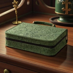 May include: A green, rectangular case with a floral pattern and a black zipper. The case has a handle and is sitting on a wooden surface. A gold-colored decorative object and a green vase are in the background.