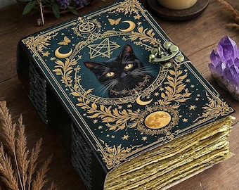Diario de cuero con diseño de gato hecho a mano, libro de las sombras de grimorio vintage, cuaderno de hechizos de bruja en blanco, diario de regalo único
