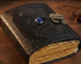 Lapis lazuli lederen grimoire drievoudige maangodin dagboek, handgemaakt notitieboek boek der schaduwen, heidens hekserijdagboek
