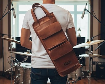 Bolsa de cuero para baquetas hecha a mano: correa de hombro de cuero de cabra, accesorio para bateristas, ganchos para toms de suelo