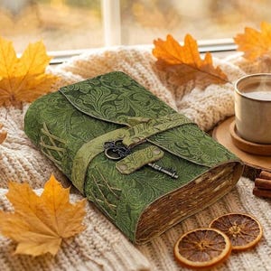 May include: A green journal with an embossed floral pattern, secured by a strap and a metal key. The journal features side lacing and aged paper edges, resting on a textured cream fabric alongside a ceramic mug and dried orange slices.