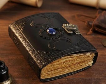 Celestial Blue Lapis Lazuli Stone Book of Shadows - Triple Moon Goddess Leather Journal