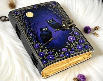 Black Owl Leather Grimoire, Handmade Book of Shadows, Witchcraft Journal