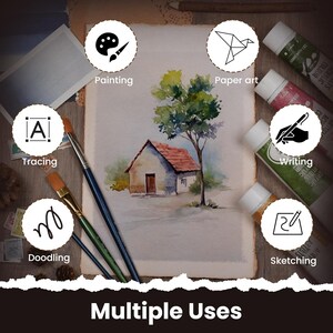 May include: An image showcasing various art supplies and techniques. A watercolor painting of a house and tree is featured, along with paint tubes, brushes, and icons for painting, paper art, tracing, doodling, writing, and sketching. The text "Multiple Uses" is also present.