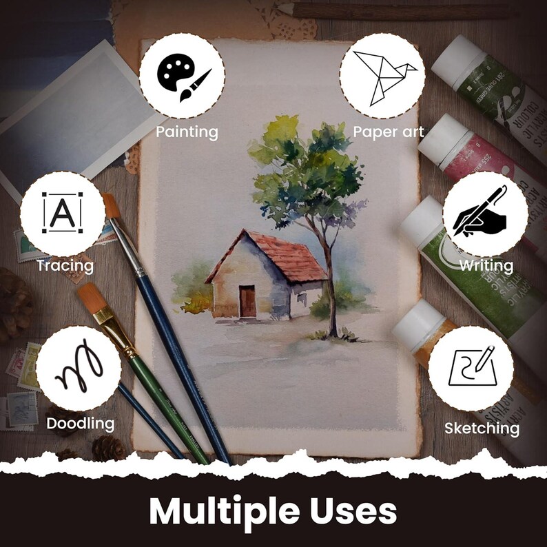May include: An image showcasing various art supplies and techniques. A watercolor painting of a house and tree is featured, along with paint tubes, brushes, and icons for painting, paper art, tracing, doodling, writing, and sketching. The text "Multiple Uses" is also present.