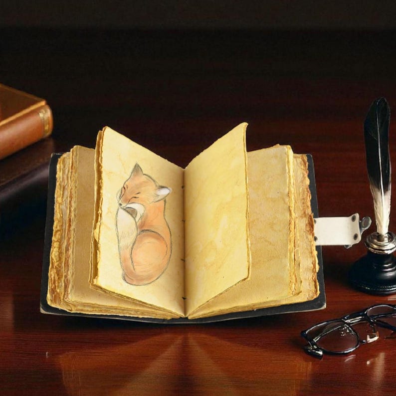 May include: An open book with aged, yellowed pages and a drawing of a sleeping fox. A black inkwell with a feather quill and a pair of glasses are on a wooden surface. The book has a dark cover.
