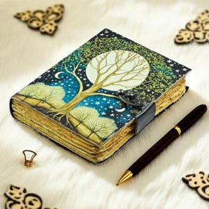 400 Page Large Grimoire leather journal, Print Tree of Life Journal, Blank spell book book of shadows Leather Celestial Gifts For Him Her