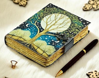 Levensboom leren grimoire-dagboek, spreukenboek der schaduwen, vintage slot