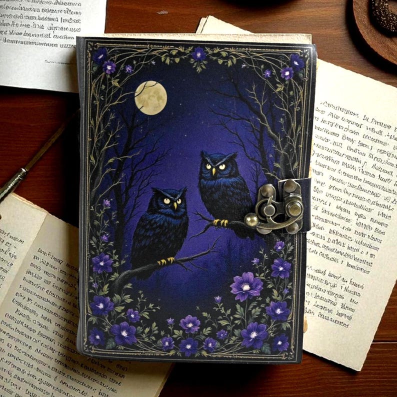 May include: A decorative journal with a dark blue cover featuring two owls perched on a branch under a full moon. The cover is framed with purple flowers and branches, and has a metal clasp closure.