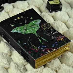 Luna Moth Leather Grimoire | 400 Page Handmade Book of Shadows | Gothic Witchcraft Spellbook | Refillable Wiccan Pagan Journal | Witchy Gift