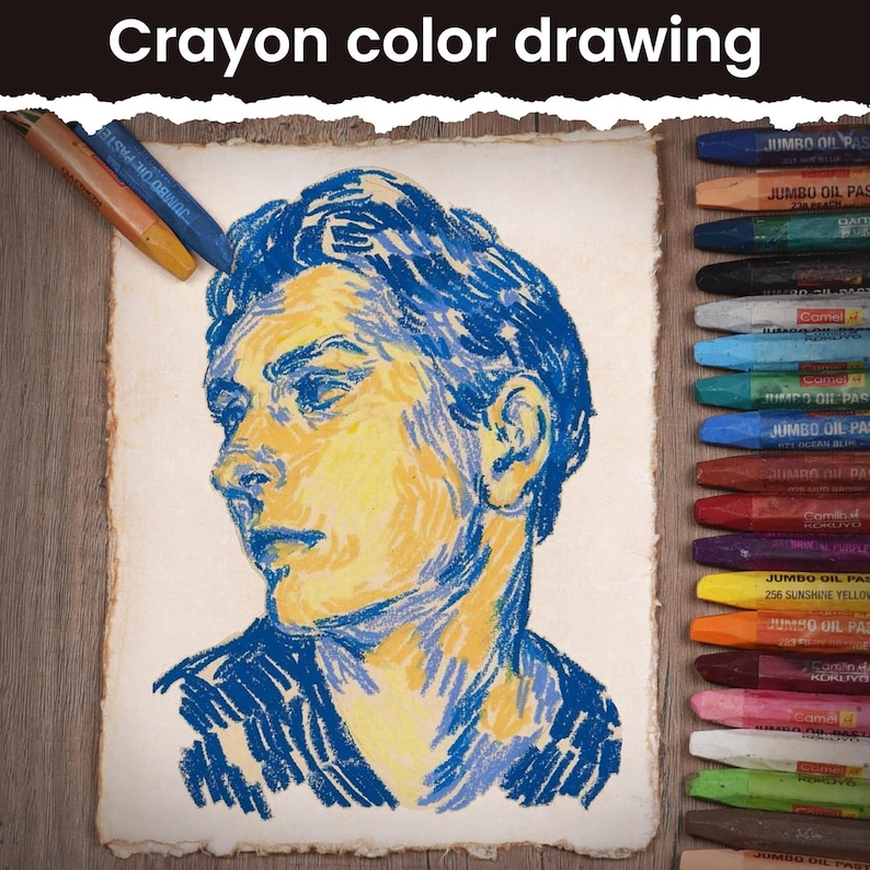 May include: A crayon color drawing of a person's profile in blue and yellow hues. The artwork is on textured paper, with the text "Crayon color drawing" at the top. Oil pastels in various colors are arranged on the right.