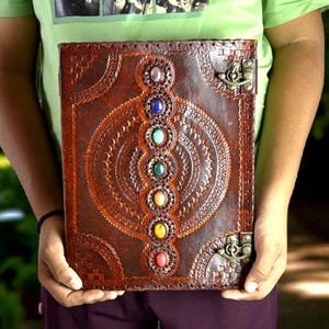 Seven Stone Leather Journal – Large Grimoire Book, Wedding Guest Book, Leather Photo Album, Spell Book, Witchcraft Gift Idea, Book of shadow