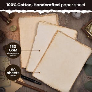 May include: Handcrafted vintage color paper sheets made from 100% cotton. The paper is 150 GSM and comes in sets of 50 sheets. The paper has a deckled edge. The text on the image reads: "100% Cotton, Handcrafted paper sheet".