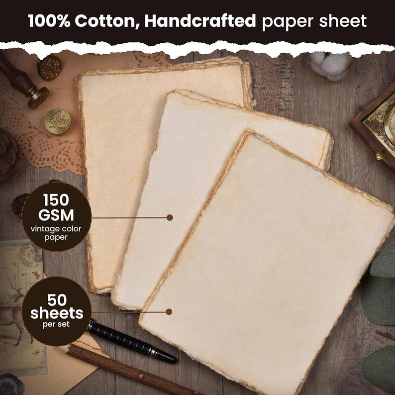 May include: Handcrafted vintage color paper sheets made from 100% cotton. The paper is 150 GSM and comes in sets of 50 sheets. The paper has a deckled edge. The text on the image reads: "100% Cotton, Handcrafted paper sheet".