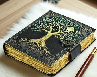 Levensboom leren dagboek, handgemaakt grimoireboek der schaduwen