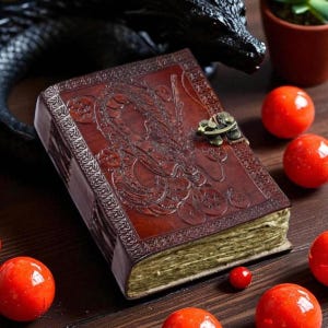 May include: A brown leather journal with an embossed dragon design and a metal clasp. The journal's pages have gilded edges. Red spheres and a dragon sculpture are in the background.