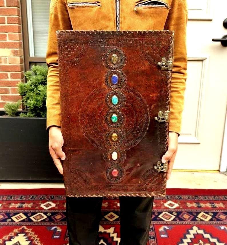 Embossed XL Leather Grimoire Journal Handmade Book of Shadows, Large Witchcraft Spell Notebook, Vintage Writing Diary image 1