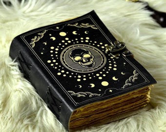 Handmade Black Leather Grimoire Journal Gothic Spell Book, 200 Page Leather Notebook, Book of Shadows, Witchcraft Writing Diary
