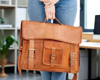 Personalized Leather Messenger Bag: Vintage Brown Crossbody Laptop Briefcase