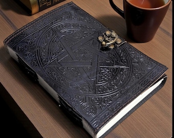Handmade Black Leather Pentagram Journal: Lapis Lazuli Stone Grimoire