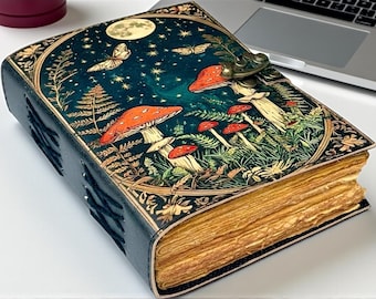 Vintage Mushroom Leather Grimoire: Handmade Book of Shadows, Deckle Edge Paper