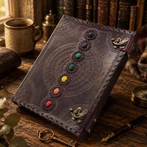 May include: A dark brown leather journal featuring an embossed circular pattern and a vertical row of seven colourful cabochon stones. The journal is secured with two antique brass metal latches and has stitched edges along the cover perimeter.