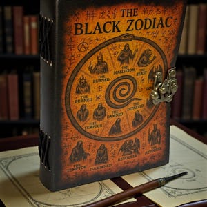 May include: A leather-bound journal titled "The Black Zodiac" with an illustration of zodiac symbols. The cover has a clasp closure and is with a wooden pen. The journal is on a map.