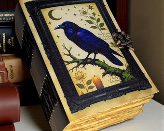 Gothic Raven Leather Journal, Handmade Grimoire Book of Shadows, Witchcraft Spell Book Notebook, Vintage Dark Writing Diary