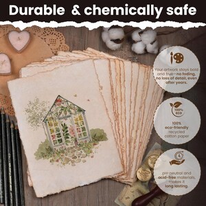 May include: A stack of handmade paper sheets with deckled edges. Each sheet features a watercolor illustration of a greenhouse filled with flowers. The paper is eco-friendly, pH-neutral, and durable, ensuring artwork longevity.
