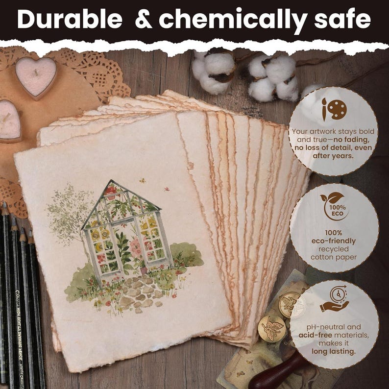 May include: A stack of handmade paper sheets with deckled edges. Each sheet features a watercolor illustration of a greenhouse filled with flowers. The paper is eco-friendly, pH-neutral, and durable, ensuring artwork longevity.