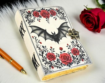Handmade Vampire Bat Leather Journal – Gothic Book of Shadows with Roses