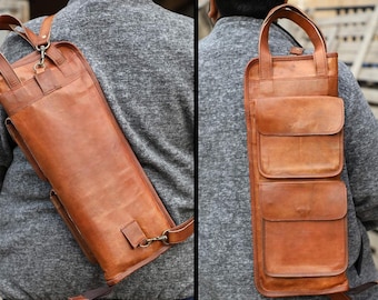 Bolsa de cuero para baquetas hecha a mano: correa de hombro de cuero de cabra, accesorio para bateristas, ganchos para toms de suelo