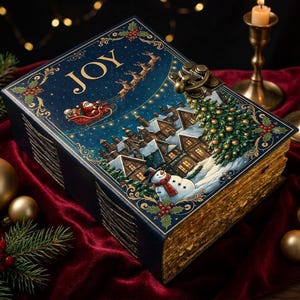 May include: A rectangular decorative box designed to resemble a book with a dark blue cover featuring the word JOY, a flying Santa sleigh, a snowy village, a snowman, and a Christmas tree. The box has a metallic latch and gold-toned page edges.
