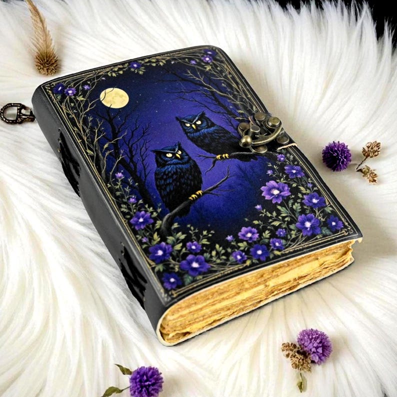 May include: A leather-bound journal with a night sky design featuring two owls perched on a branch. The cover is dark blue with purple flowers and a full moon. The journal has a metal clasp and aged-looking pages.